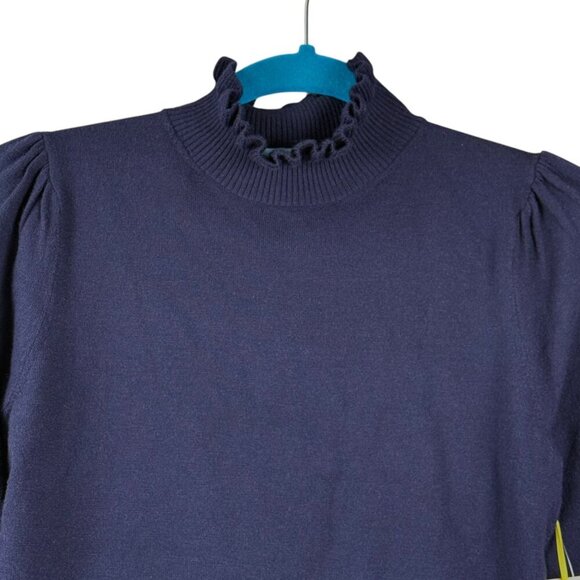 Cece Sweater Womens Sz M Classic Navy Ruffle Trim Mock Neck Pullover Academia NW - Picture 4 of 12